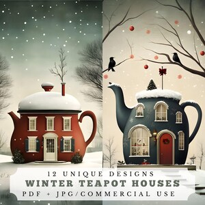 Könnte beinhalten: Zwei Illustrationen von Teekannen-Häusern in einer Winterszene. Eines ist rot, das andere blau. Schnee fällt um sie herum. Der Text unten lautet "12 UNIQUE DESIGNS WINTER TEAPOT HOUSES PDF + JPG/COMMERCIAL USE."