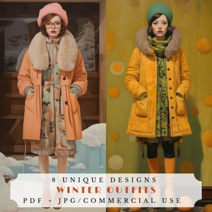 Tenues d'hiver, cartes de visite imprimables pour le journal, objets éphémères de mode pour le scrapbooking et la fabrication de cartes, coupes difficiles incluses, mode d'hiver