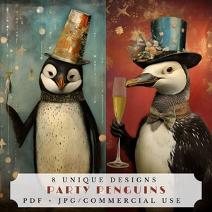 Pingouins de fête, papiers de journal indésirable du réveillon du Nouvel An, imprimables de collage, fabrication de cartes, éphémères de célébration du nouvel an