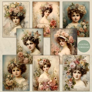 Ritratti vintage, cartoline francesi vintage, effimeri romantici diari di spazzatura, forniture per diari floreali stampabili, download istantaneo