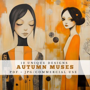 Autumn muses, whimsical portraits in fall colors, unique junk journal pages, ephemera for scrapbooking and card making, collage supplies