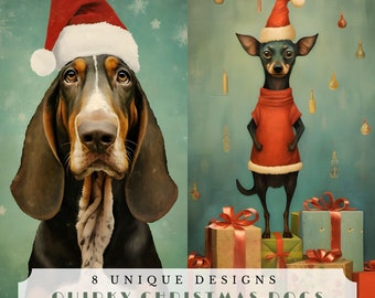 Quirky Christmas dogs, printable junk journal pages, digital ephemera for scrapbooking and card making, Christmas printables