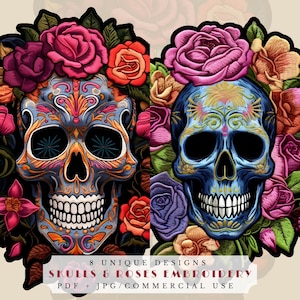 Skull & Roses kieskeurig gesneden, faux borduurwerk junk journal-kaarten, Mexicaanse dia de los muertos suikerschedels, scrapbookingbenodigdheden, afdrukbaar