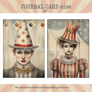 Puede incluir: Dos ilustraciones de acuarela de payasos en estilo vintage. El primer payaso lleva un sombrero rojo, blanco y azul con un traje a rayas rojas y blancas. El segundo payaso lleva un sombrero rojo, blanco y azul con un vestido a rayas rojas y blancas. Ambos payasos tienen maquillaje blanco y labios rojos.