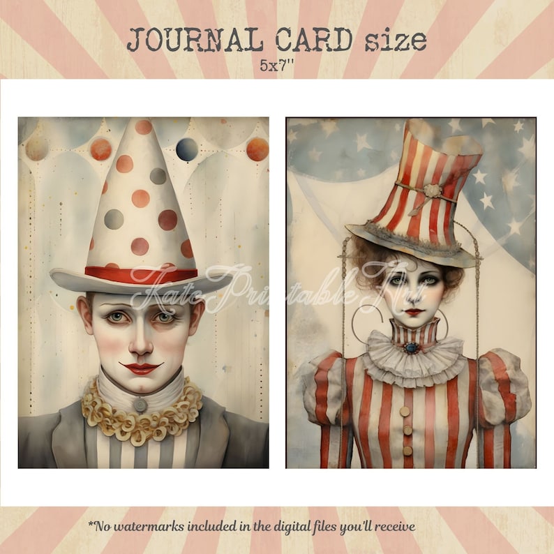 Puede incluir: Dos ilustraciones de acuarela de payasos en estilo vintage. El primer payaso lleva un sombrero rojo, blanco y azul con un traje a rayas rojas y blancas. El segundo payaso lleva un sombrero rojo, blanco y azul con un vestido a rayas rojas y blancas. Ambos payasos tienen maquillaje blanco y labios rojos.