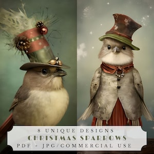 Moineaux de Noël, pages festives de journal indésirable, éphémères imprimables pour le scrapbooking et la fabrication de cartes, cartes de Noël, téléchargement numérique