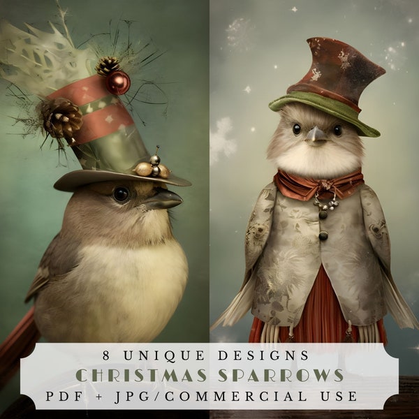 Christmas sparrows, festive junk journal pages, printable ephemera for scrapbooking and card making, xmas cards, digital download