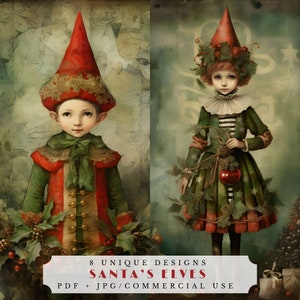 Ongewenste dagboekpagina's van Santa's Elves, afdrukbare papieren voor scrapbooking en kaarten maken, digitale collage-ephemera, santa's helpers xmas