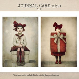 Pu&ograve; includere: Due stampe d'arte digitale. Una mostra una ragazza con cappello e vestito rossi seduta su una scatola. L'altra mostra una ragazza in un pacco regalo rosso con un fiocco. Il testo "JOURNAL CARD size 5x7" &egrave; in alto.