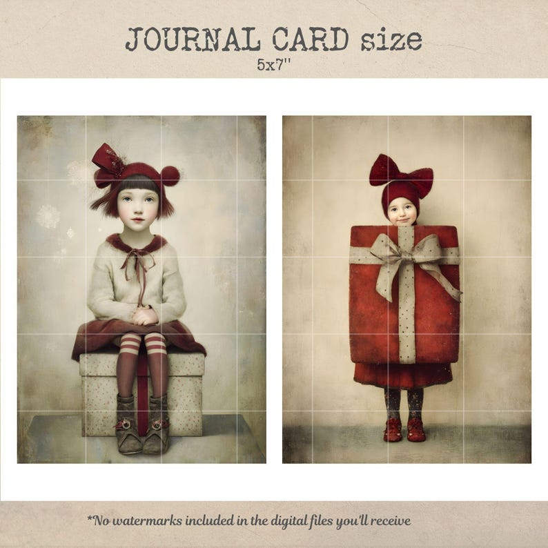 Pu&ograve; includere: Due stampe d'arte digitale. Una mostra una ragazza con cappello e vestito rossi seduta su una scatola. L'altra mostra una ragazza in un pacco regalo rosso con un fiocco. Il testo "JOURNAL CARD size 5x7" &egrave; in alto.