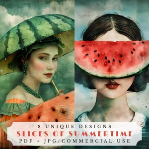 Slices of summertime, unique summer junk journal pages, surreal watermelon portraits, digital collage sheet, prtinable scrapbook supplies