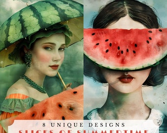 Slices of summertime, unique summer junk journal pages, surreal watermelon portraits, digital collage sheet, prtinable scrapbook supplies