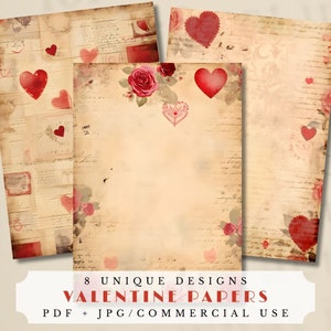 Valentine papers, Valentine-themed junk journal pages, digital ephemera for scrapbooking, printable collage sheet, vintage style, hearts
