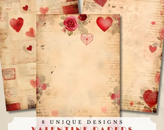 Páginas vintage de diario basura de San Valentín, corazones y rosas (PDF y JPG)