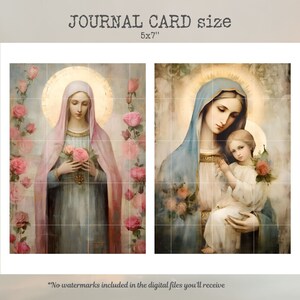 May include: Two digital printable images of the Virgin Mary. The first image shows the Virgin Mary holding a bouquet of pink roses. The second image shows the Virgin Mary holding a baby Jesus. Both images are in a vintage style with a soft, muted color palette.