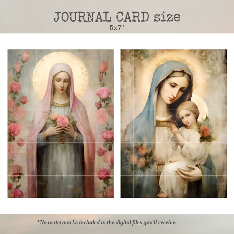 May include: Two digital printable images of the Virgin Mary. The first image shows the Virgin Mary holding a bouquet of pink roses. The second image shows the Virgin Mary holding a baby Jesus. Both images are in a vintage style with a soft, muted color palette.