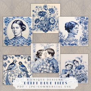 Vintage Delft Blue Tiles ATC Card / Hoja de collage de arte holandés / Efímera imprimible / Suministros de scrapbooking de diario basura / Descarga instantánea