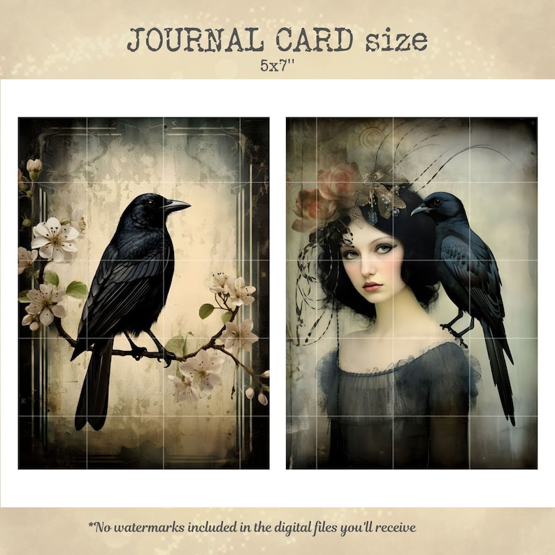 Crow's whispers junk journal cards, raven digital papers, card making, crafting, crow printable ephemera, digital download image 3
