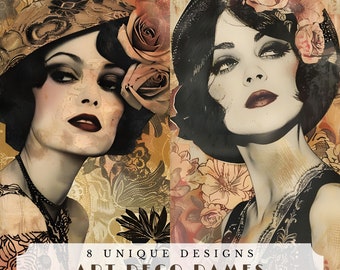 May include: Two vintage-style illustrations of women with Art Deco-inspired hairstyles and makeup. The women are wearing hats and floral embellishments. The background is a patterned design with gold and brown tones. The text "8 UNIQUE DESIGNS ART DECO DAMES PDF + JPG/COMMERCIAL USE" is at the bottom of the image.