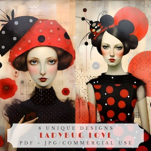 Amore coccinella, pagine di diario spazzatura surreali, forniture per album, oggetti effimeri digitali per l'artigianato, foglio di collage a pois rosso e nero