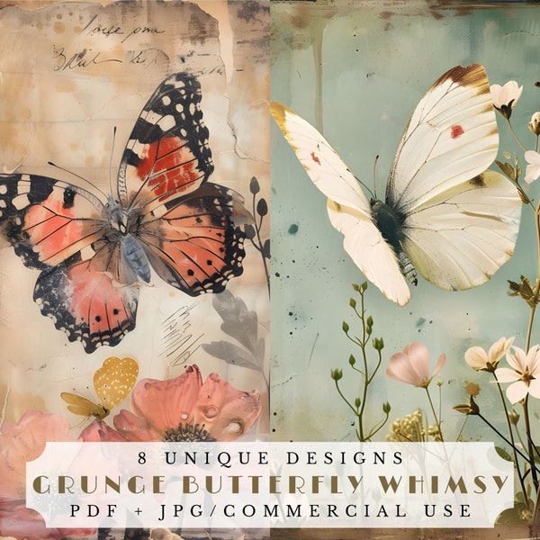 Grunge butterfly whimsy, floral junk journal pages, digital ephemera for scrapbooking and card making, distressed spring atc cards