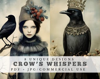 May include: A digital download of 8 unique designs featuring crows and the text "Crow's Whispers" and "PDF + JPG/COMMERCIAL USE".