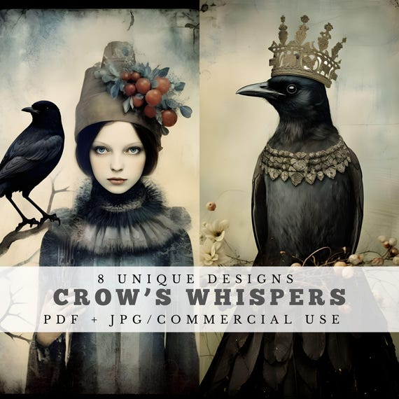 Crow's whispers junk journal cards, raven digital papers, card making, crafting, crow printable ephemera, digital download