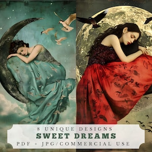 Sogni d'oro, pagine di diario spazzatura uniche, oggetti effimeri digitali per scrapbooking, materiali per collage surreali, carte lunari