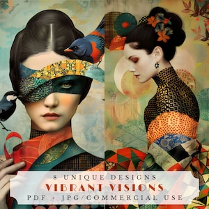 Visions vibrantes, pages de journal indésirables colorées, feuille de collage imprimable, éphémères numériques pour le scrapbooking et la fabrication de cartes, portraits uniques