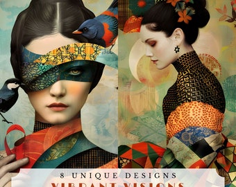 Visiones vibrantes, páginas coloridas de diarios basura, hojas de collage imprimibles, efímeras digitales para álbumes de recortes y creación de tarjetas, retratos únicos