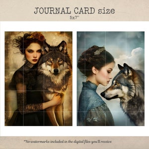 May include: Two digital art prints featuring a woman with a wolf. The woman in the first print is wearing a black dress and has a wolf beside her. The woman in the second print is wearing a blue dress and has a wolf beside her. Both prints are 5x7 inches.