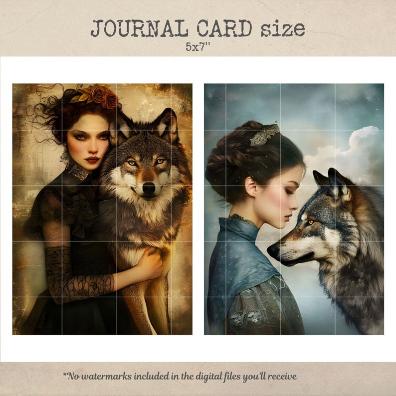 May include: Two digital art prints featuring a woman with a wolf. The woman in the first print is wearing a black dress and has a wolf beside her. The woman in the second print is wearing a blue dress and has a wolf beside her. Both prints are 5x7 inches.