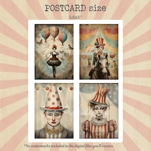Puede incluir: Cuatro im&aacute;genes digitales imprimibles de artistas de circo en estilo vintage. Las im&aacute;genes miden 3,5 pulgadas por 5 pulgadas. Las im&aacute;genes presentan a una mujer con globos, una mujer montando un caballo, un hombre con un sombrero de payaso y una mujer con un sombrero de payaso.