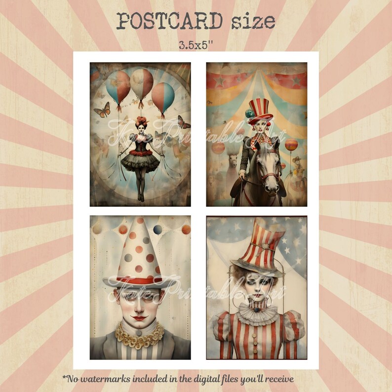 Puede incluir: Cuatro im&aacute;genes digitales imprimibles de artistas de circo en estilo vintage. Las im&aacute;genes miden 3,5 pulgadas por 5 pulgadas. Las im&aacute;genes presentan a una mujer con globos, una mujer montando un caballo, un hombre con un sombrero de payaso y una mujer con un sombrero de payaso.