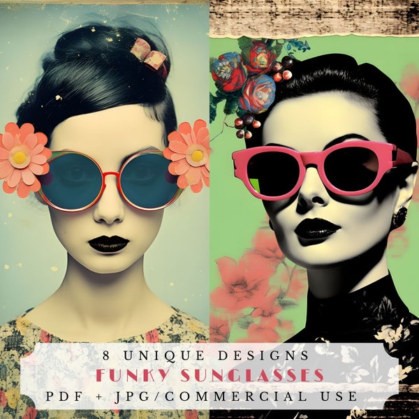 Funky Sonnenbrille, Retro Junk Journal Seiten, druckbare Ephemera für Scrapbooking und Kartenherstellung, Collage Zubehör, digitaler Download