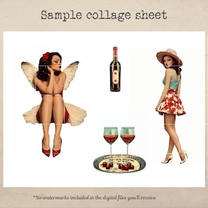 May include: A digital collage sheet with four images. The first image is a woman with wings sitting down. The second image is a bottle of wine. The third image is a woman wearing a hat and a red skirt. The fourth image is a tray with two glasses of wine and cherries.