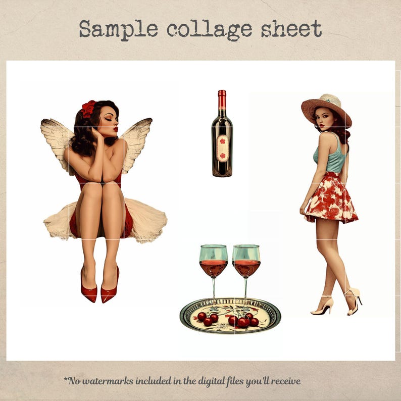 May include: A digital collage sheet with four images. The first image is a woman with wings sitting down. The second image is a bottle of wine. The third image is a woman wearing a hat and a red skirt. The fourth image is a tray with two glasses of wine and cherries.