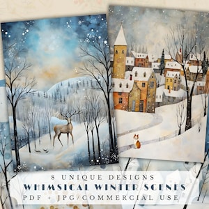 Whimsical winter scenes, unique snow scenes, printable junk journal pages, scrapbooking supplies, card making, digital ephemera