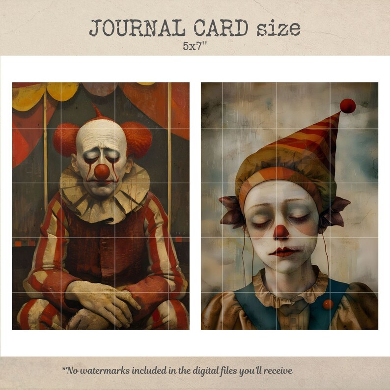 May include: Two digital art prints of clowns with sad expressions. The first print features a clown with red and white striped clothing, a red nose, and red tears. The second print features a clown with a red and white striped hat, a red nose, and closed eyes. Both prints are 5x7 inches.