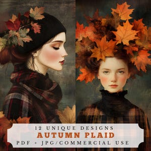 Cuadros otoñales, papeles para diarios basura de otoño, materiales para collages surrealistas, efímeras para scrapbooking de otoño, tarjetas atc con estampado de cuadros