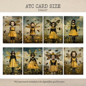 Puede incluir: Un conjunto de 6 impresiones de arte digital que muestran a una ni&ntilde;a con alas y abejas. Las impresiones miden 6,35 cm por 8,89 cm y son perfectas para un proyecto de tarjeta ATC.