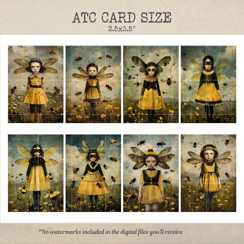 Puede incluir: Un conjunto de 6 impresiones de arte digital que muestran a una ni&ntilde;a con alas y abejas. Las impresiones miden 6,35 cm por 8,89 cm y son perfectas para un proyecto de tarjeta ATC.