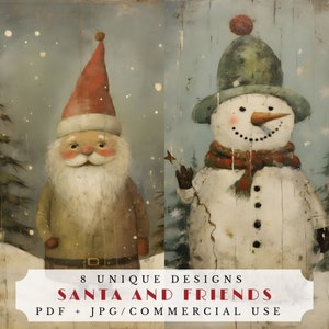 Santa and friends, vintage Christmas printables, vintage journaling cards, scrapbooking ephemera, santa deer elf snowman, digital download