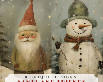 Santa and friends, vintage Christmas printables, vintage journaling cards, scrapbooking ephemera, santa deer elf snowman, digital download