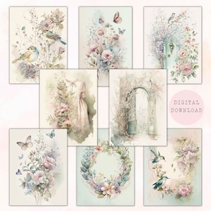 Cartões ATC de primavera | Cartões de registro no diário da primavera | Scrapbooking Efêmero | Cartões florais gastos do jornal da sucata | Download digital
