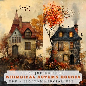 Whimsical autumn houses, unique fall junk journal pages, digital collage supplies, decorative paper, printable scrapbook background papers