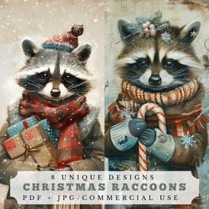 Mapaches navideños, páginas de diario extravagantes, material efímero imprimible único para hacer álbumes de recortes y tarjetas, suministros para collages navideños