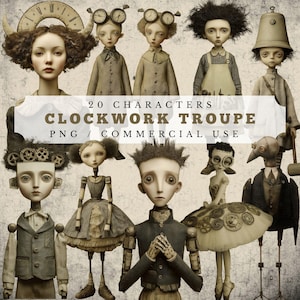 May include: An image featuring 20 stylized characters with a steampunk theme. The figures incorporate clockwork and gear elements, presented in a muted palette of browns, creams, and greys. The text on the image reads "20 Characters Clockwork Troupe PNG / Commercial Use."