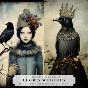 Crow's whispers junk journal cards, raven digital papers, card making, crafting, crow printable ephemera, digital download
