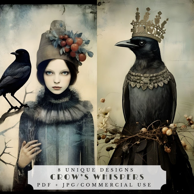 Crow's whispers junk journal cards, raven digital papers, card making, crafting, crow printable ephemera, digital download image 1